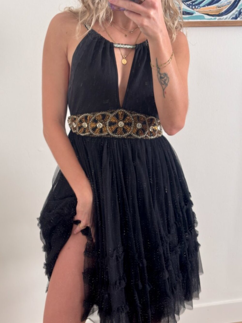 Vintage Free People Y2K Beaded Tulle Halter Mini Dress Whimsigoth Fairycore